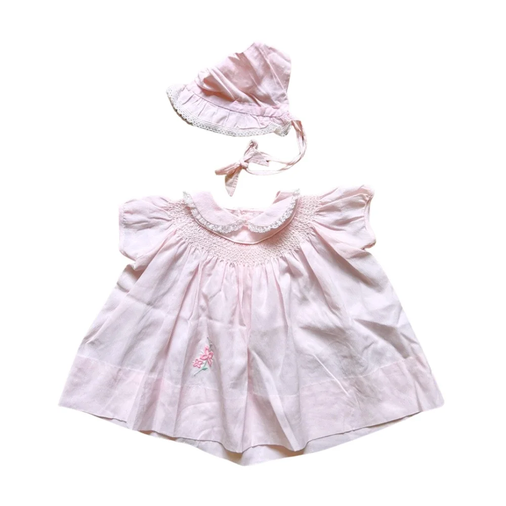 Vtg 60s Baby Dress & Bonnet Set Pink Embroidered Cottagecore Whimsical Dainty